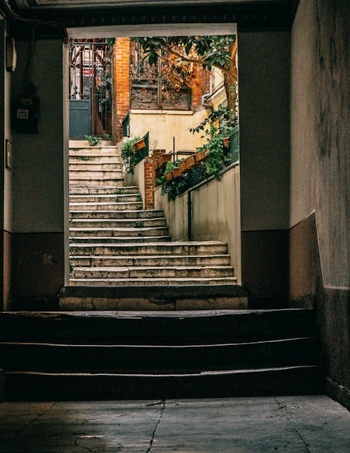 View through a dark, enclosed passageway looking out onto an exterior staircase outside a residential property. The staircase is made of weathered concrete steps leading upwards from an indoor loading area, with some steps showing signs of wear and discoloration. To the right of the stairs, there is a low concrete wall with potted plants attached, adding greenery to the outdoor space. On the left, a portion of a metal railing can be seen, supporting the stairs. At the top of the steps, a small landing is visible, surrounded by a brick and wooden fence, along with some greenery including shrubs and a tree with autumn-colored leaves. The scene captures a typical home relocation or furniture transport scenario, with the stairway presenting challenges for moving furniture and packed boxes, which [COMPANY_NAME] might need to navigate during a house removal in the area near Stepney. Natural lighting highlights the outdoor environment and the structural details of the staircase, emphasizing the importance of careful planning in narrow stairway furniture transport or packing and moving operations.
